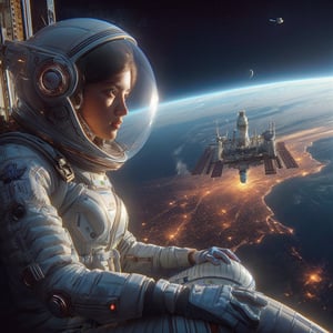 Realistic 16k resolution photography of in 2100 year 1girl wearing Futurism slim space suite, helmet, floating above earth, in front the space station,
break, 
1 girl, Exquisitely perfect symmetric very gorgeous face, Exquisite delicate crystal clear skin, Detailed beautiful delicate eyes, perfect slim body shape, slender and beautiful fingers, nice hands, perfect hands, illuminated by film grain, realistic style, realistic skin texture, dramatic lighting, soft lighting, exaggerated perspective of ((Wide-angle lens depth)),