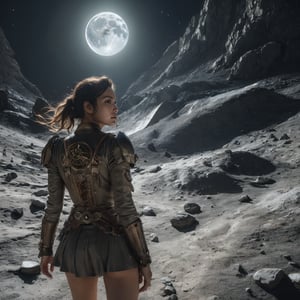 ((Realistic 8K resolution, RAW, extreme detail description)) of 1girl, dressed in leather and copper light armor, steps on moon surface, looking back, dark theme,  
break, 
1girl, floating hair, Exquisitely perfect symmetric very gorgeous face, Exquisite delicate crystal clear skin, Detailed beautiful delicate eyes, perfect slim body shape, slender and beautiful fingers, legs, perfect hands, legs, illuminated by film grain, realistic style, realistic skin texture, dramatic lighting, soft lighting, exaggerated perspective of ((Wide-angle lens depth)),