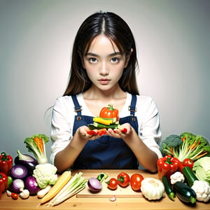 Realistic ultra resolution photography of a girl chopping vegetables on a wooden table,The entire table is visible facing the camera. The background is white and minimalistic, with no other objects present. The girl is focused on her task, with realistic lighting, high detail, and clarity.
break, 
1 girl, Exquisitely perfect symmetric very gorgeous face, Exquisite delicate crystal clear skin, Detailed beautiful delicate eyes, perfect slim body shape, slender and beautiful fingers, nice hands, perfect hands, illuminated by film grain, Stippling style, dramatic lighting, soft lighting, motion blur, exaggerated perspective of ((Wide-angle lens depth)),Enhanced All