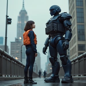 ((Realistic 16K resolution, RAW, extreme detail description)) side view photography of 1girl, dressed in dark blue tight-fitting police uniform, orange bulletproof vest, black military boots, looked up a robot cop, at bridge in New York city, 
break,
1girl, brown hair, short hair, floating hair, Exquisitely perfect symmetric very gorgeous face, Exquisite delicate crystal clear skin, Detailed beautiful delicate eyes, perfect slim body shape, slender and beautiful fingers, legs, perfect hands, legs, illuminated by film grain, realistic style, realistic skin texture, dramatic lighting, soft lighting, exaggerated perspective of Wide-angle lens depth,