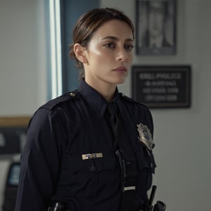 ((Realistic 8K resolution, RAW, extreme detail description)) of 1 female police officer, standing in police station,  illuminated by film grain, realistic style, realistic skin texture, dramatic lighting, soft lighting, exaggerated perspective of ((Wide-angle lens depth)),