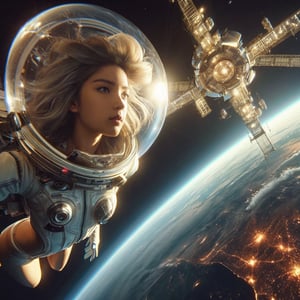 Realistic 16k resolution photography of in 2100 year 1girl wearing Futurism slim space suite, helmet, floating above earth, in front the space station,
break, 
1 girl, Exquisitely perfect symmetric very gorgeous face, Exquisite delicate crystal clear skin, Detailed beautiful delicate eyes, perfect slim body shape, slender and beautiful fingers, nice hands, perfect hands, illuminated by film grain, realistic style, realistic skin texture, dramatic lighting, soft lighting, exaggerated perspective of ((Wide-angle lens depth)),