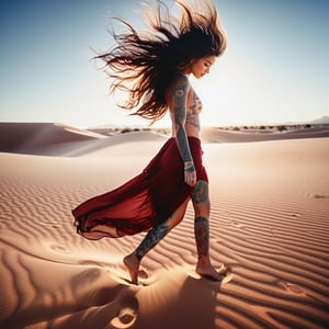 Realistic 16K resolution blue-red tone photography of 1 girl with nice hair and full body of tattooed, floating in the wind, walking on desert sand, barefoot,
break,
1 girl, Exquisitely perfect symmetric very gorgeous face, Exquisite delicate crystal clear skin, Detailed beautiful delicate eyes, perfect slim body shape, slender and beautiful fingers, nice hands, perfect hands, illuminated by film grain, Stippling style, dramatic lighting, soft lighting, motion blur, exaggerated perspective of ((Wide-angle lens depth))