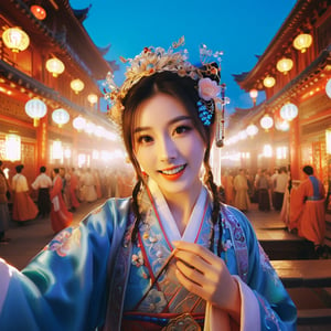 Realistic 16K resolution Cobalt tone colors photography featuring majicMIX realistic lora, a joyful girl wearing fashionable traditional Hanfu playing Gezi Opera, at glowing stage in middle of the street. 
break, 
1 girl, Exquisitely perfect symmetric very gorgeous face, perfect breasts, Exquisite delicate crystal clear skin, Detailed beautiful delicate eyes, perfect slim body shape, slender and beautiful fingers, nice hands, perfect hands, perfect pussy, illuminated by vivid colors theme, film grain, realistic skin, dramatic lighting, soft lighting, exaggerated perspective of  (fisheye lens depth,),