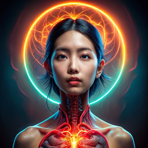 ((Realistic 8K resolution, RAW, extreme detail description)) taken from the bottom up, at ground level photography of full body shot of a young, attractive Asian woman floats in the air, her face surrounded by a glowing halo of red neon lights. There are no bones under her neck, but instead a series of realistic organs, including a spleen, pancreas, kidneys, liver, intestines and extended intestinal structures. dark theme, at city street, near beach.illuminated by film grain, realistic style, realistic skin texture, dramatic lighting, soft lighting, exaggerated perspective of ((Wide-angle lens depth)),