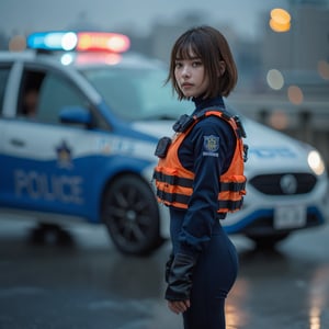 ((Realistic 16K resolution, RAW, extreme detail description)) side view photography of 1girl, dressed in dark blue tight-fitting police uniform, orange bulletproof vest, black military boots, in front of police car, at bridge in New York city, 
break,
1girl, brown hair, short hair, floating hair, Exquisitely perfect symmetric very gorgeous face, Exquisite delicate crystal clear skin, Detailed beautiful delicate eyes, perfect slim body shape, slender and beautiful fingers, legs, perfect hands, legs, illuminated by film grain, realistic style, realistic skin texture, dramatic lighting, soft lighting, exaggerated perspective of Wide-angle lens depth,