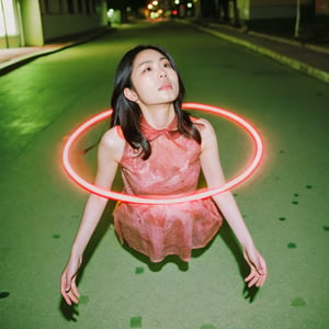 ((Realistic 8K resolution, RAW, extreme detail description)) taken from the bottom up, at ground level photography of full body shot of a young, attractive Asian woman floats in the air, her face surrounded by a glowing halo of red neon lights. There are no bones under her neck, but instead a series of realistic organs, including a spleen, pancreas, kidneys, liver, intestines and extended intestinal structures. dark theme, at city street, near beach.illuminated by film grain, realistic style, realistic skin texture, dramatic lighting, soft lighting, exaggerated perspective of ((Wide-angle lens depth)),