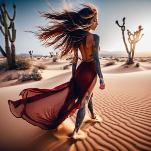 Realistic 16K resolution blue-red tone photography of 1 girl with nice hair and full body of tattooed, floating in the wind, walking on desert sand, barefoot,
break,
1 girl, Exquisitely perfect symmetric very gorgeous face, Exquisite delicate crystal clear skin, Detailed beautiful delicate eyes, perfect slim body shape, slender and beautiful fingers, nice hands, perfect hands, illuminated by film grain, Stippling style, dramatic lighting, soft lighting, motion blur, exaggerated perspective of ((Wide-angle lens depth))