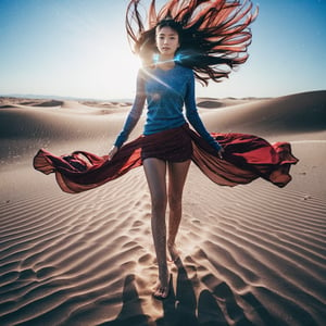 Realistic 16K resolution blue-red tone photography of 1 girl with nice hair and full body of tattooed, floating in the wind, walking on desert sand, barefoot,
break,
1 girl, Exquisitely perfect symmetric very gorgeous face, Exquisite delicate crystal clear skin, Detailed beautiful delicate eyes, perfect slim body shape, slender and beautiful fingers, nice hands, perfect hands, illuminated by film grain, Stippling style, dramatic lighting, soft lighting, motion blur, exaggerated perspective of ((Wide-angle lens depth))