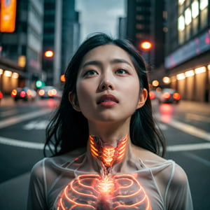 ((Realistic 8K resolution, RAW, extreme detail description)) taken from the bottom up, at ground level photography of full body shot of a young, attractive Asian woman floats in the air, her face surrounded by a glowing halo of red neon lights. There are no bones under her neck, but instead a series of realistic organs, including a spleen, pancreas, kidneys, liver, intestines and extended intestinal structures. dark theme, at city street, near beach.illuminated by film grain, realistic style, realistic skin texture, dramatic lighting, soft lighting, exaggerated perspective of ((Wide-angle lens depth)),