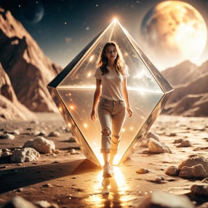 Realistic 8K resolution photography of on moon surface, 1girl with perfect face, walking away from the camera, seen through a five-point perspective prism, Reflect the dynamics of character and light, dramatic scenes with light and sparkle effects. 
break, 
1girl, Exquisitely perfect symmetric very gorgeous face, Exquisite delicate crystal clear skin, Detailed beautiful delicate eyes, perfect slim body shape, slender and beautiful fingers, legs, perfect hands, legs, illuminated by film grain, realistic skin, dramatic lighting, soft lighting,((wide angle lens depth)), Extremely details,