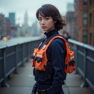 ((Realistic 16K resolution, RAW, extreme detail description)) side view photography of 1girl, dressed in dark blue tight-fitting police uniform, orange bulletproof vest, black military boots, at bridge in New York city, 
break,
1girl, brown hair, short hair, floating hair, Exquisitely perfect symmetric very gorgeous face, Exquisite delicate crystal clear skin, Detailed beautiful delicate eyes, perfect slim body shape, slender and beautiful fingers, legs, perfect hands, legs, illuminated by film grain, realistic style, realistic skin texture, dramatic lighting, soft lighting, exaggerated perspective of Wide-angle lens depth,