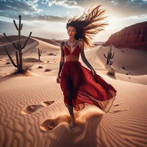 Realistic 16K resolution blue-red tone photography of 1 girl with nice hair and full body of tattooed, floating in the wind, walking on desert sand, barefoot,
break,
1 girl, Exquisitely perfect symmetric very gorgeous face, Exquisite delicate crystal clear skin, Detailed beautiful delicate eyes, perfect slim body shape, slender and beautiful fingers, nice hands, perfect hands, illuminated by film grain, Stippling style, dramatic lighting, soft lighting, motion blur, exaggerated perspective of ((Wide-angle lens depth))