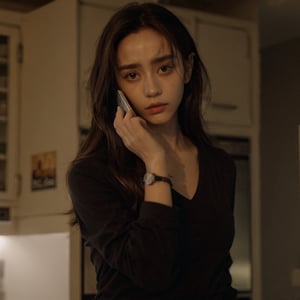 ((Realistic 8K resolution, RAW, extreme detail description)) of 1 girl holding cellphone, standing in kitchen,  illuminated by film grain, realistic style, realistic skin texture, dramatic lighting, soft lighting, exaggerated perspective of ((Wide-angle lens depth)),