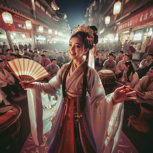 Realistic 16K resolution Cobalt tone colors photography featuring majicMIX realistic lora, a joyful girl wearing fashionable traditional Hanfu playing Gezi Opera, at glowing stage in middle of the street. illuminated by film grain, realistic skin, dramatic lighting, soft lighting, exaggerated perspective of ((fisheye lens depth)),
break, 
1 girl, Exquisitely perfect symmetric very gorgeous face, perfect breasts, Exquisite delicate crystal clear skin, Detailed beautiful delicate eyes, perfect slim body shape, slender and beautiful fingers, nice hands, perfect hands, perfect pussy, illuminated by vivid colors theme, film grain, realistic skin, dramatic lighting, soft lighting, exaggerated perspective of  (fisheye lens depth,),