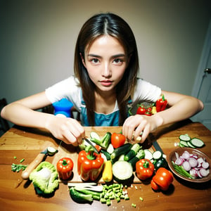 Realistic ultra resolution photography of a girl chopping vegetables on a wooden table,The entire table is visible facing the camera. The background is white and minimalistic, with no other objects present. The girl is focused on her task, with realistic lighting, high detail, and clarity.
break, 
1 girl, Exquisitely perfect symmetric very gorgeous face, Exquisite delicate crystal clear skin, Detailed beautiful delicate eyes, perfect slim body shape, slender and beautiful fingers, nice hands, perfect hands, illuminated by film grain, Stippling style, dramatic lighting, soft lighting, motion blur, exaggerated perspective of ((Wide-angle lens depth)),Enhanced All
