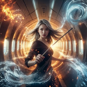 In airplane, a Exquisitely gorgeous girl dressing fashionable outfit, angrily waving steel stick and battle with devils, Air flow, water flow, sparks blooming aura surround her. Scenes illuminated by dramatic lighting, highlighting the symmetrical beauty of the scene. Intense gaze, displaying an elegant posture and movement. The entire scene is captured with a wide-angle lens, creating a 12K raw photo sense of epic scale,
Break,
(1 girl, medium long hair, braid hair, silver hair,  Exquisitely perfect symmetric very gorgeous face,  perfect breasts,  Exquisite delicate crystal clear skin,  Detailed beautiful delicate eyes, perfect slim body shape, slender and beautiful fingers:0.9,nice hands, perfect hands, full_body,), dressing fashionable outfit,