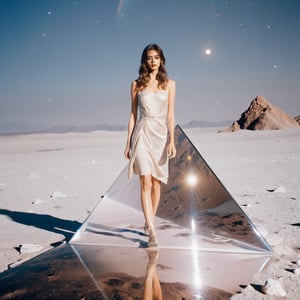 Realistic 8K resolution photography of on moon surface, 1girl with perfect face, walking away from the camera, seen through a five-point perspective prism, Reflect the dynamics of character and light, dramatic scenes with light and sparkle effects. 
break, 
1girl, Exquisitely perfect symmetric very gorgeous face, Exquisite delicate crystal clear skin, Detailed beautiful delicate eyes, perfect slim body shape, slender and beautiful fingers, legs, perfect hands, legs, illuminated by film grain, realistic skin, dramatic lighting, soft lighting,((wide angle lens depth)), Extremely details,