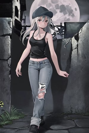 1girl, jeans, tank top, cap, walk over wall, nigth, full moon background, city, difuse background, tarot