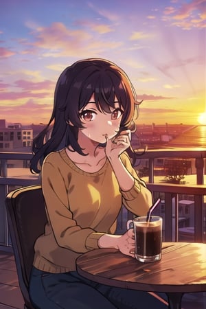 1girl, latina, drink coffe, sunset, balcony, casual, post tapochaliptic world