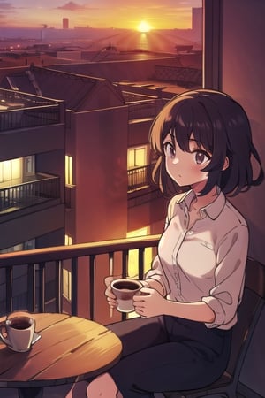 1girl, latina, drink coffe, sunset, balcony, sit, table