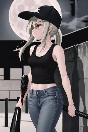 1girl, jeans, tank top, cap, walk edge wall, nigth, full moon background, city, baseball bat , ready to fight