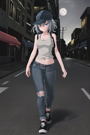 1girl, jeans, tank top, cap, walk edge wall, nigth, full moon background, city, anime ending, difuse background