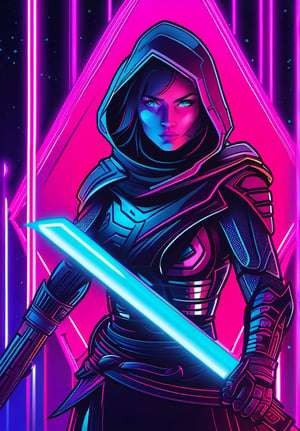 1girl, armor, energy sword, gauntlets, gloves, glowing, glowing eyes, holding, hood, lightsaber, girl focus, mask, neon style, sheath, solo, sword, weapon, neon