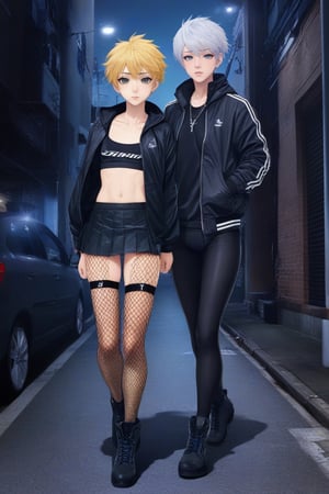 
Best quality, masterpiece, ultra high res,
1boy, 

Short hair, wild hair,

Sport bra, skirt, fishnets, jacket, kneehigh_boots,
Walk, street, night,

,Male mature, androgynous, male face, flat_chest, otoko no ko, femboy, twink, trap, [[[toned]]],man