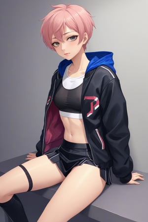 
Best quality, masterpiece, ultra high res,
1boy, 

Short hair,

Sport bra, skirt, fishnets, jacket, kneehigh_boots,
	

,Male mature, androgynous, male face, flat_chest, otoko no ko, femboy, twink, trap, [[[toned]]],man