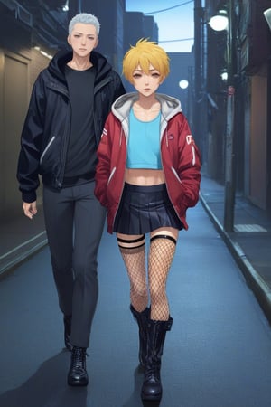 
Best quality, masterpiece, ultra high res,
1boy, 

Short hair, wild hair,

Sport bra, skirt, fishnets, jacket, kneehigh_boots,
Walk, street, night,

,Male mature, androgynous, male face, flat_chest, otoko no ko, femboy, twink, trap, [[[toned]]],man