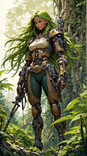 mythp0rt, anime, sepia, BREAK, bio-mechanical huntress, flowing green hair with gold tips, tribal markings on her face, armor adorned with leaves and vines, seamlessly integrated with her skin, enhanced vision sensors, holding a high-tech bow drawn taut, abstract background of a lush, overgrown jungle intertwined with futuristic technology.