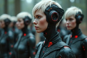 designed by Wayne Barlowe and Martin Deschambault and Alex Schomburg, octane render, Gamercore, cool robotic sci-fi soldiers of Prey Psychologist, being looked at by a group of Females, her hair is Irish and styled as Undercut, she has a Ribbon, Bokeh, Ultra Real, soft light, Depth of field 100mm, Mono Color, gorgeous, best, glowing, full color, sublime