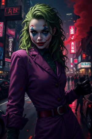 Art of a joker Joker's twisted grin wearing her makeup face, joker face makeup, purple her suit, black glove, red smoke, her green messy long hairstyle, serious badas pose, dark night, neon light city, cyberpunk realistic city background 