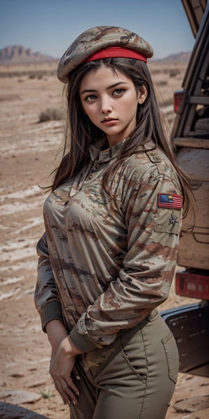 More Details, Realism, Marines, passport photos. full uniform, beret hat, muscular, strong body, tall, female, camouflage uniform, frong_view, looking at the camera. age 27, scenery in the desert