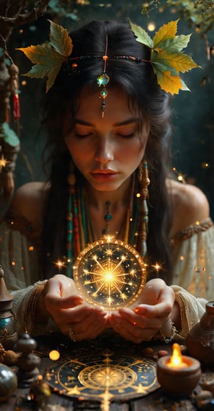 Produce the best images that represent the art of divination, showcasing individuals deeply engrossed in interpreting the symbolic patterns of natural elements, such as leaves or stars, while surrounded by mystical artifacts that heighten the atmosphere of anticipation and spiritual insight.