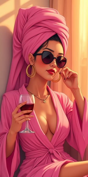 score_9, score_8_up, score_7_up, explicit photography, v4n1lla, realistic, erotic photography, raw, photo, Digital illustration of an asian american woman relaxing with a glass of wine. She wore a hot pink robe and a matching towel wrapped around her head. He just stepped out of the bathroom. The woman also wore stylish sunglasses and large hoop earrings. He had a calm expression on his face as he leaned back. He held a glass of wine in one hand. The background is a warm golden hue.