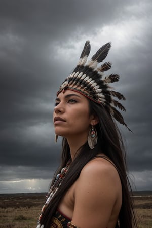 A majestic Native American Indian woman, adorned in traditional attire and a striking feathered headdress, stands tall and unyielding before the encroaching grey stormclouds, her deep gaze reflecting the untamed spirit of her ancestors as the wind gently whispers through her hair, while the powerful symbolism of her heritage is vividly contrasted against the dramatic backdrop of the approaching tempest.