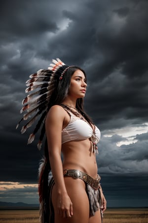 Against the dramatic backdrop of an approaching storm, a majestic Native American Indian woman, adorned in a magnificent feathered headdress, stands tall in her traditional dress, her gaze piercing through the thick gray storm clouds as they gather over the horizon. Meanwhile, a Native American Indian girl, her striking silhouette against the soft hues of the evening sky, symbolizes courage and fortitude as she stands firm with her warrior weapon at her side, ready to face the last light of the day.