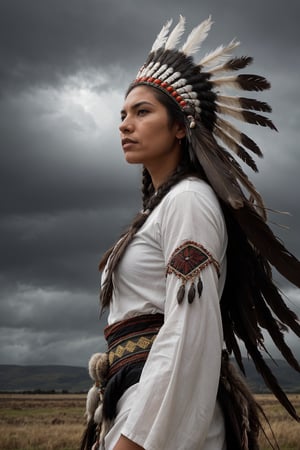 A majestic Native American Indian woman, adorned in traditional attire and a striking feathered headdress, stands tall and unyielding before the encroaching grey stormclouds, her deep gaze reflecting the untamed spirit of her ancestors as the wind gently whispers through her hair, while the powerful symbolism of her heritage is vividly contrasted against the dramatic backdrop of the approaching tempest.