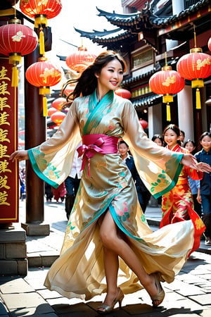 A beautiful Chinese girl, adorned in a vibrant, traditional outfit, proudly parades down the bustling street of Chinatown during the Lunar New Year Festival, her delicate silk dress fluttering in the festive breeze as she gracefully performs an ancient dragon dance, captivating the diverse crowd with her vivid smile and mesmerizing moves, surrounded by a kaleidoscope of red lanterns and colorful decorations that line the buildings above, all while the energetic beats of a distant drum resonate through the celebratory atmosphere.