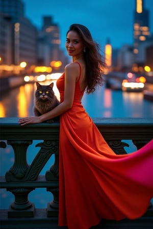 captivating smile graciously drapes herself in a vibrant, long dress that flows with the wind as she stands confidently on a decorative railing of London Bridge. The dramatic chiaroscuro lighting casts bold shadows and highlights across the bridge's intricate architecture, contrasting with the softness of her figure and the playfulness of a fluffy cat that sits perched beside her, its eyes gleaming with curiosity. The dynamic pose captures a moment of harmony between the human form and the urban landscape, while the vivid hues of her garment dance with the reflections of the city's lights in the river below, creating a mesmerizing tapestry of colors and shapes. The AI is tasked to generate an image that encapsulates this whimsical fusion of beauty, nature, and the bustling city, all viewed from a unique worm's angle perspective that adds depth and intrigue to the composition.