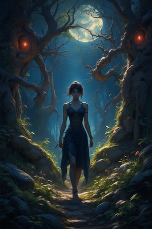 In the heart of a dark, mysterious forest, a woman stands alone, her eyes reflecting the flickering light of the moon. This masterpiece captures her in the best quality, with highly detailed shadows dancing across her skin and clothing, each leaf and tree branch rendered with stunning realism. Her expression is one of quiet determination, as if she is the guardian of secrets hidden deep within the woods. The scene is so vividly brought to life, it feels as though one could step into the painting and walk alongside her on the mossy path, surrounded by the whispers of ancient trees. The woman's presence is commanding yet gentle, her beauty a stark contrast to the dense, brooding atmosphere that envelops the forest floor.