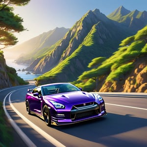 A bright Purple Nissan GT-R R35 cruising along the winding coast road, sea on the left mirroring the sky, rugged mountains rising on the right, under a cloudless azure sky, surrounding landscape lush with greenery, golden sunlight bathing the entire scene, digital painting, ultra clear, realistic, with dramatic lighting.