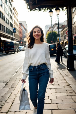 A vibrant city street, lined with quaint cafes and chic boutiques, bustling with life as the early evening light casts a warm glow. The star of the scene is a young woman, captured mid-stride as she confidently strides forward, embodying the epitome of urban chic. She is dressed in a stylish yet comfortable ensemble consisting of well-fitted jeans that hug her legs, accentuating her effortless stride. On her feet are pristine white sneakers that whisper of comfort and practicality, perfect for navigating the concrete jungle. Her top is an oversized sweater in a soft, pastel color that adds a cozy touch to the outfit, the sleeves slightly rolled up to reveal her slender wrists. The sweater's oversized fit complements her slim figure, creating a look that is both trendy and relaxed. A wide smile graces her face, which is framed by loose waves of hair that dance in the gentle breeze. Her eyes sparkle with determination, hinting at the purpose behind her cheerful demeanor. The bustling street reflects her energy, with pedestrians and cyclists moving around her in a blur of motion. In the background, the soft hum of the city mingles with the aroma of freshly brewed coffee and the distant chime of a street performer's music. Her outstretched arm holds a shopping bag filled with the day's finds, a testament to the successful errands she's completed. The cobblestone path beneath her feet leads to the horizon, where the skyline of skyscrapers reaches up to kiss the setting sun. The overall mood is one of cheerful determination, as she makes her way through the urban casual setting, leaving a trail of positive vibes in her wake.