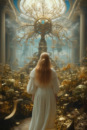 The Heart of the Clockwork Garden:
A young European woman with long blonde hair, tied back in a loose bun, stands in the center of the Clockwork Garden. She is dressed in a simple white dress, her light blue eyes fixed on a towering clock tree made of brass and gold. Gears turn within the tree’s trunk, and the branches extend, ticking gently as they sway. Time seems to slow around her as memories from her past appear like ghostly figures in the air. The garden hums quietly as though the very essence of time itself is being woven within its metallic flowers and spinning wheels., photo, cinematic, poster, vibrant