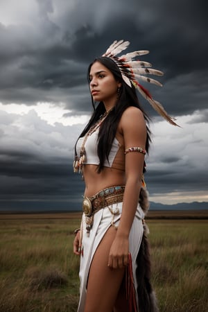 Against the dramatic backdrop of an approaching storm, a majestic Native American Indian woman, adorned in a magnificent feathered headdress, stands tall in her traditional dress, her gaze piercing through the thick gray storm clouds as they gather over the horizon. Meanwhile, a Native American Indian girl, her striking silhouette against the soft hues of the evening sky, symbolizes courage and fortitude as she stands firm with her warrior weapon at her side, ready to face the last light of the day.