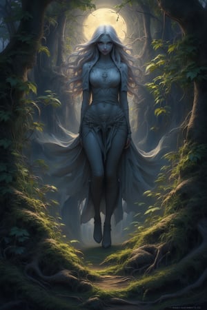 In the heart of a dark, mysterious forest, a woman stands alone, her eyes reflecting the flickering light of the moon. This masterpiece captures her in the best quality, with highly detailed shadows dancing across her skin and clothing, each leaf and tree branch rendered with stunning realism. Her expression is one of quiet determination, as if she is the guardian of secrets hidden deep within the woods. The scene is so vividly brought to life, it feels as though one could step into the painting and walk alongside her on the mossy path, surrounded by the whispers of ancient trees. The woman's presence is commanding yet gentle, her beauty a stark contrast to the dense, brooding atmosphere that envelops the forest floor.