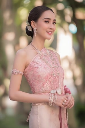 Create a full-body portrait of a stunning Thai woman wearing a light pink Thai silk gown, intricately embroidered with sophisticated patterns and adorned with luxurious jewelry. Her hair was carefully styled and accessorized with delicate floral hair clips that complemented the floral motif of her dress. She stands gracefully in a spirited setting that exudes a sense of formal elegance, perfect for a high-profile function or function. Capture her soft and friendly smile as she makes a direct and engaging gaze into the camera, exuding a gentle yet confident presence. The atmosphere is bright and radiant, reflecting the beauty and charm of the woman and the importance of the event she is attending.