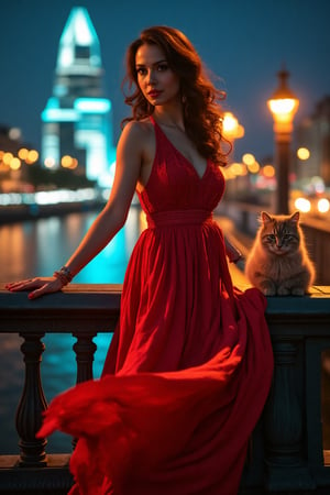 captivating smile graciously drapes herself in a vibrant, long dress that flows with the wind as she stands confidently on a decorative railing of London Bridge. The dramatic chiaroscuro lighting casts bold shadows and highlights across the bridge's intricate architecture, contrasting with the softness of her figure and the playfulness of a fluffy cat that sits perched beside her, its eyes gleaming with curiosity. The dynamic pose captures a moment of harmony between the human form and the urban landscape, while the vivid hues of her garment dance with the reflections of the city's lights in the river below, creating a mesmerizing tapestry of colors and shapes. The AI is tasked to generate an image that encapsulates this whimsical fusion of beauty, nature, and the bustling city, all viewed from a unique worm's angle perspective that adds depth and intrigue to the composition.